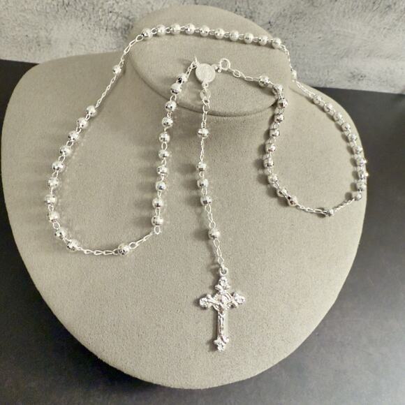 20in Long Rosary Beads Necklace Solid 925 Sterling Silver ITALY 4.8mm-NEW - Picture 11 of 13